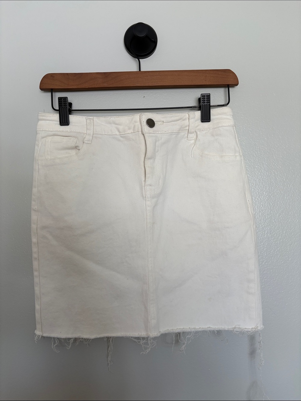 White Denim Mini Skirt with Raw Hem